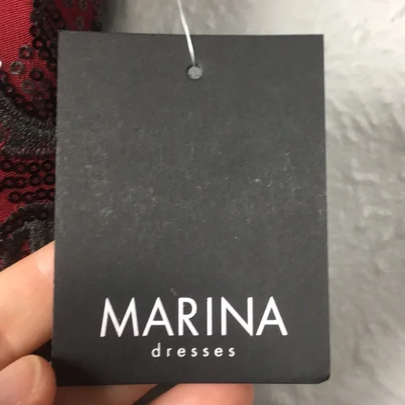 Marina Maroon & Black Sequin Strapless Sequin Gown